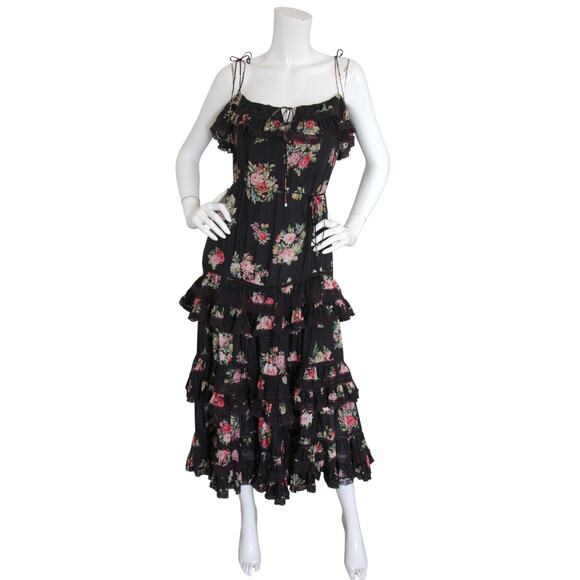 Zimmermann Honour Floral Print Silk Habutai Tiered Midi Dress Black - Picture 4 of 9